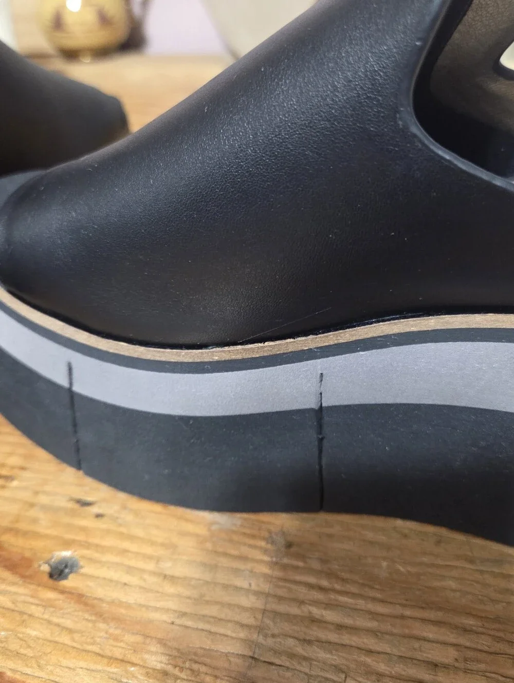 Naked Feet Shoes featuring a multi-tone gray and black stacked wedge Womens 9
